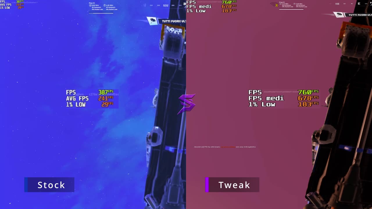 Confronto FPS su Fortnite prima e dopo l'ottimizzazione